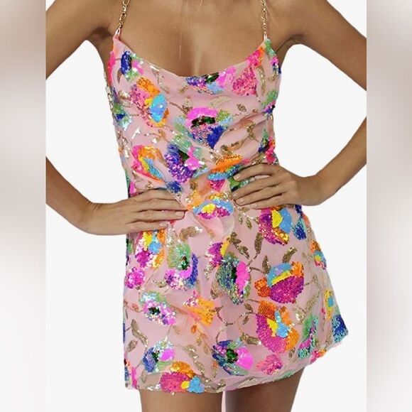 NWT Sisters The Label Kitty Slip Mini Dress - Tropical Barbie & Pearl Silk - Picture 3 of 6